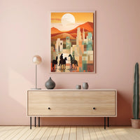Sunset Riders in a Desert Cityscape Poster