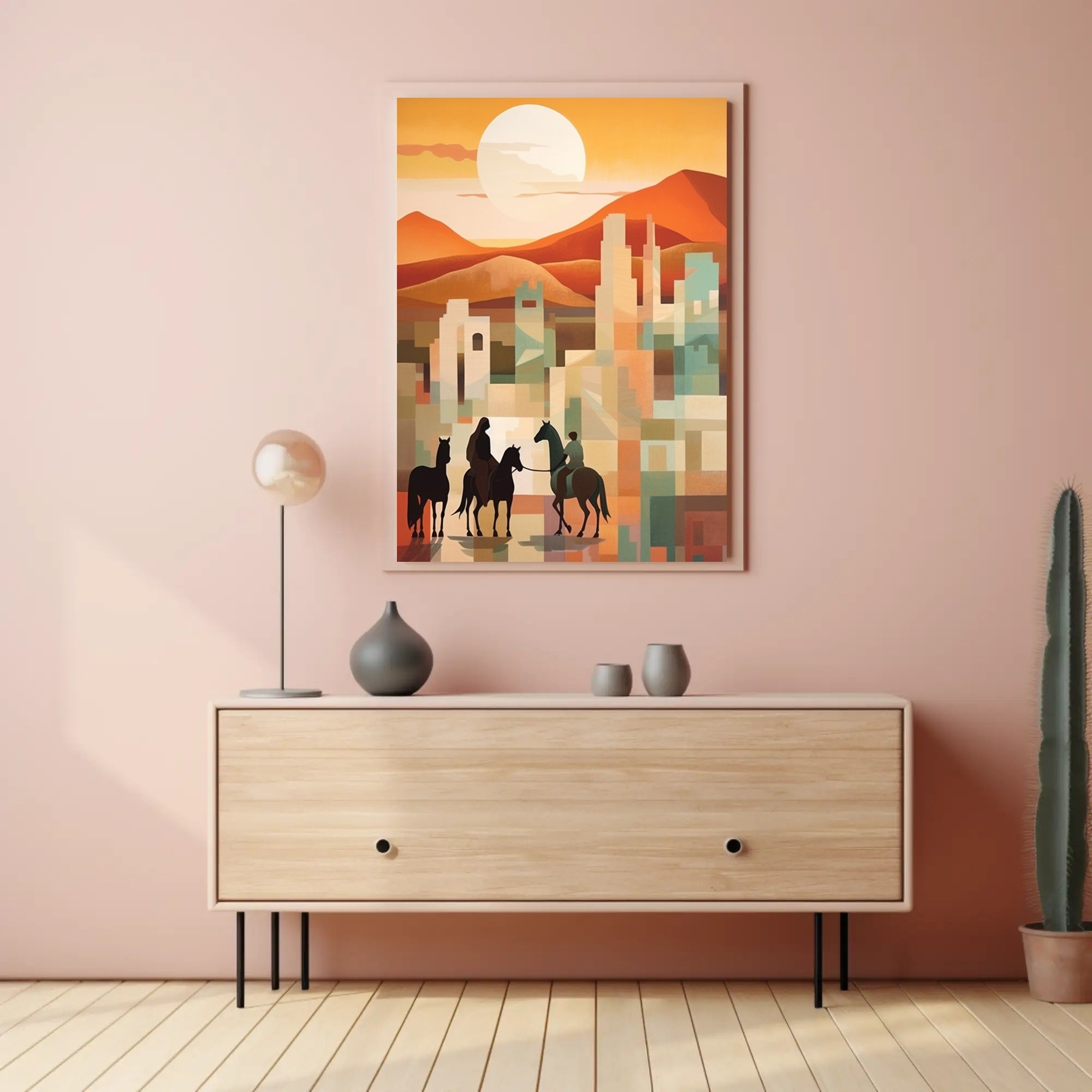 Sunset Riders in a Desert Cityscape Poster