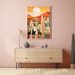 Sunset Riders in a Desert Cityscape Poster