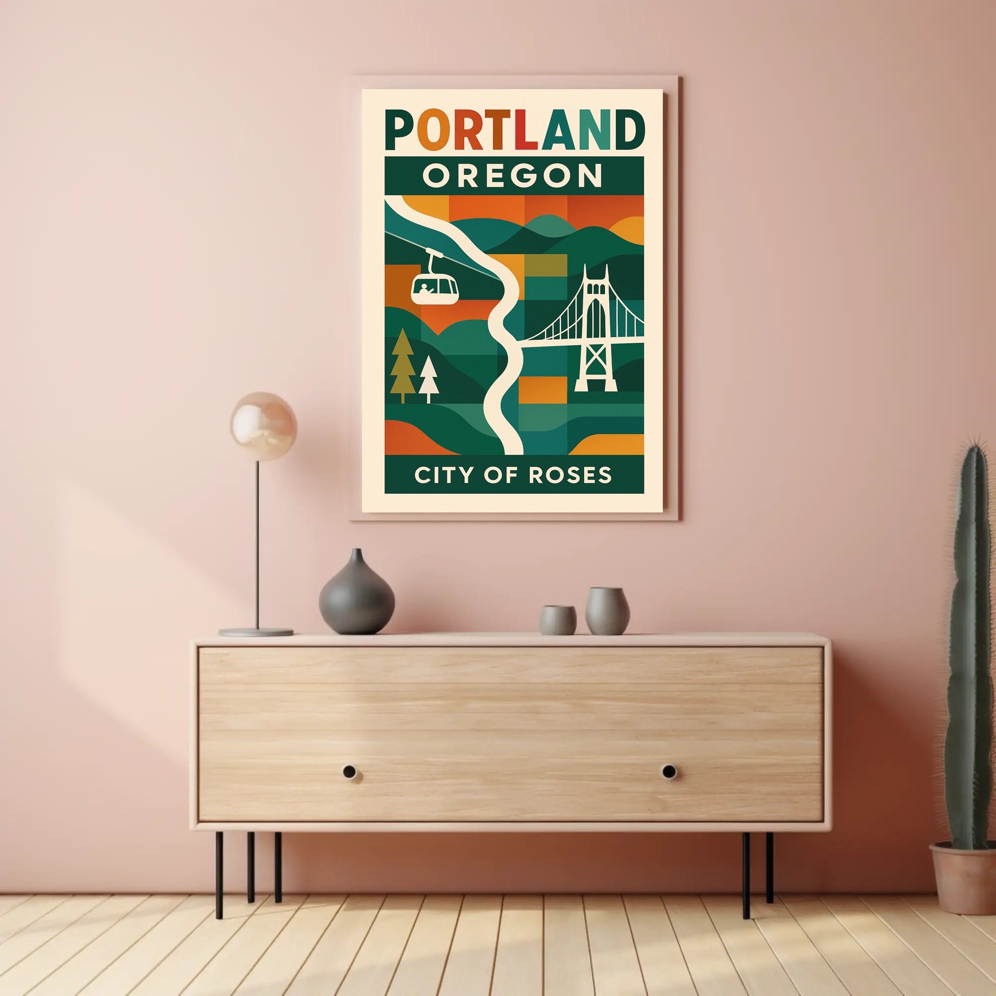 Portland Cityscape Vibrant Retro Travel Poster PosterGoat