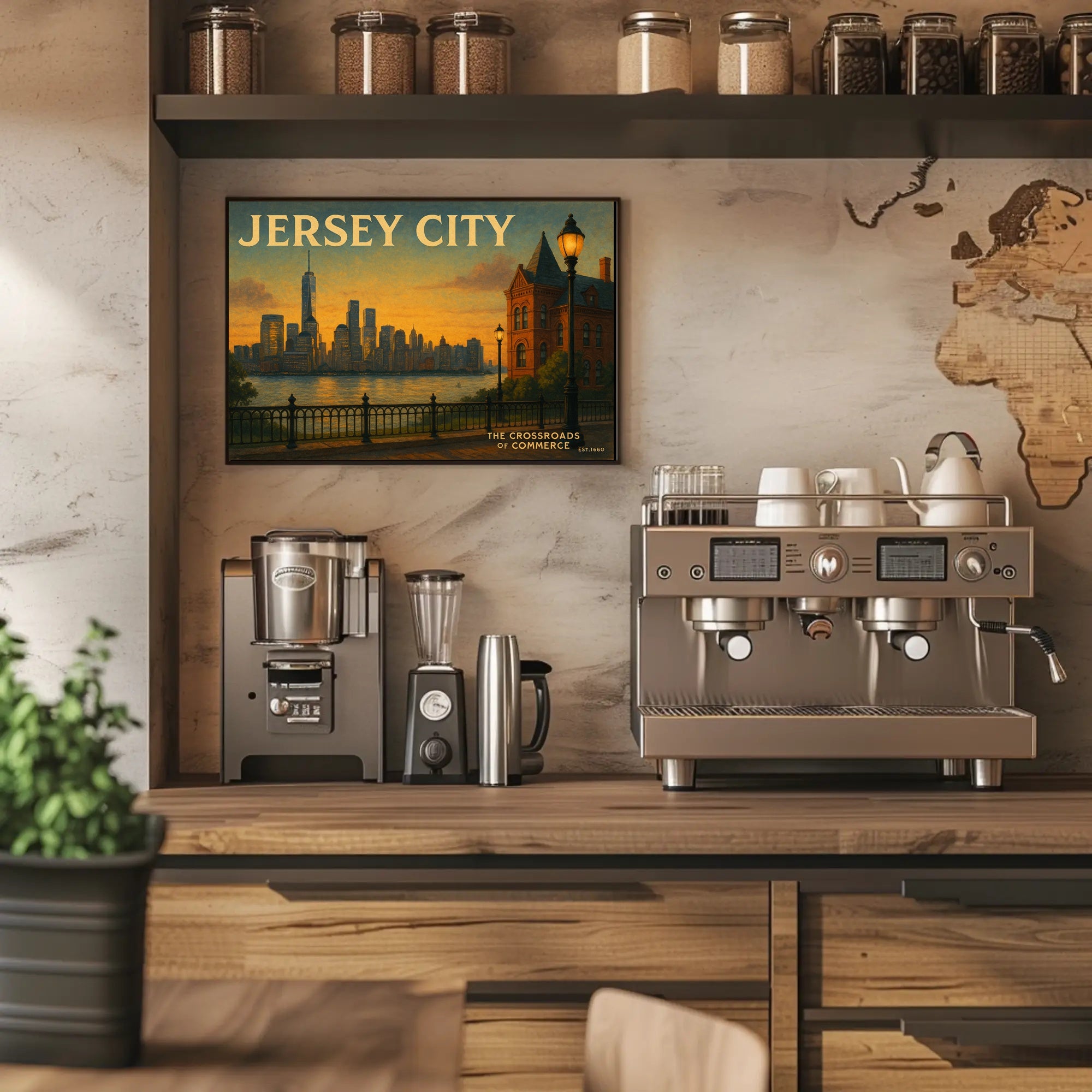 Jersey City Skyline Sunset Travel Poster