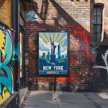 New York America Skyline Liberty Sunrise Vintage Travel Poster