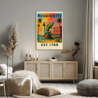 Massachusetts Lighthouse Fish Colony House Sunset Poster