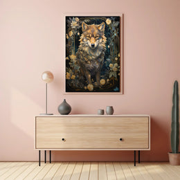Majestic Wolf with Flowers Art Nouveau Animal Poster