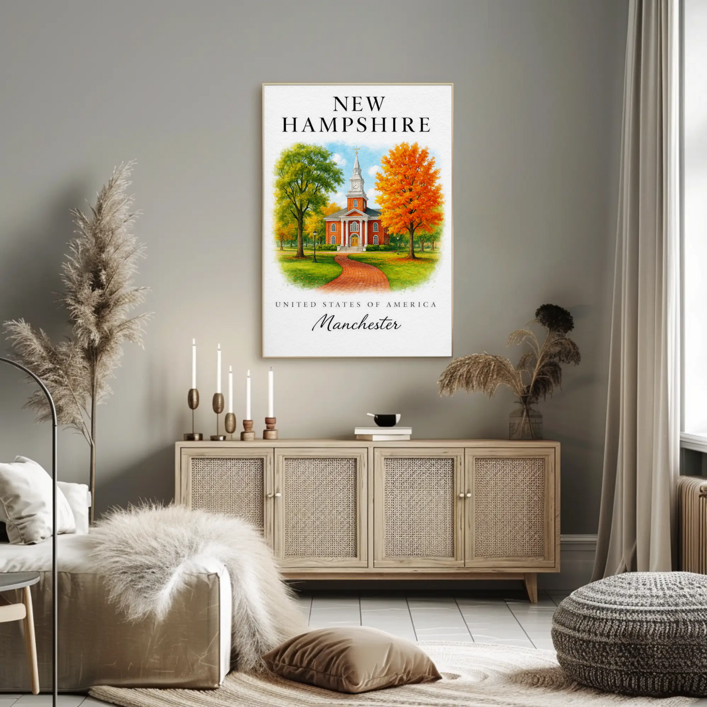 Manchester New Hampshire Historic Brick Church Autumn Travel Poster Travel Poster