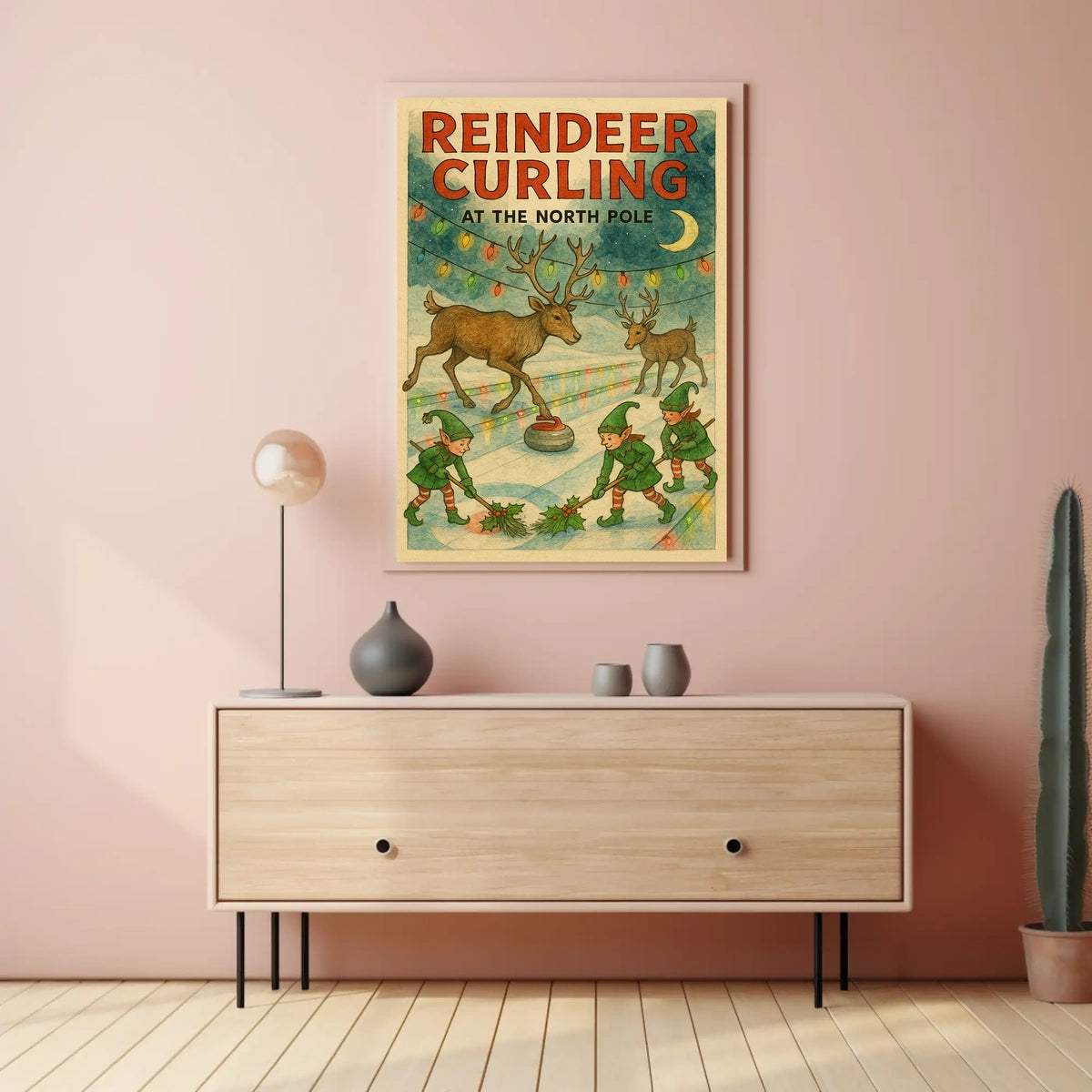 Reindeer Curling at the North Pole Poster