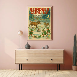 Reindeer Curling at the North Pole Poster