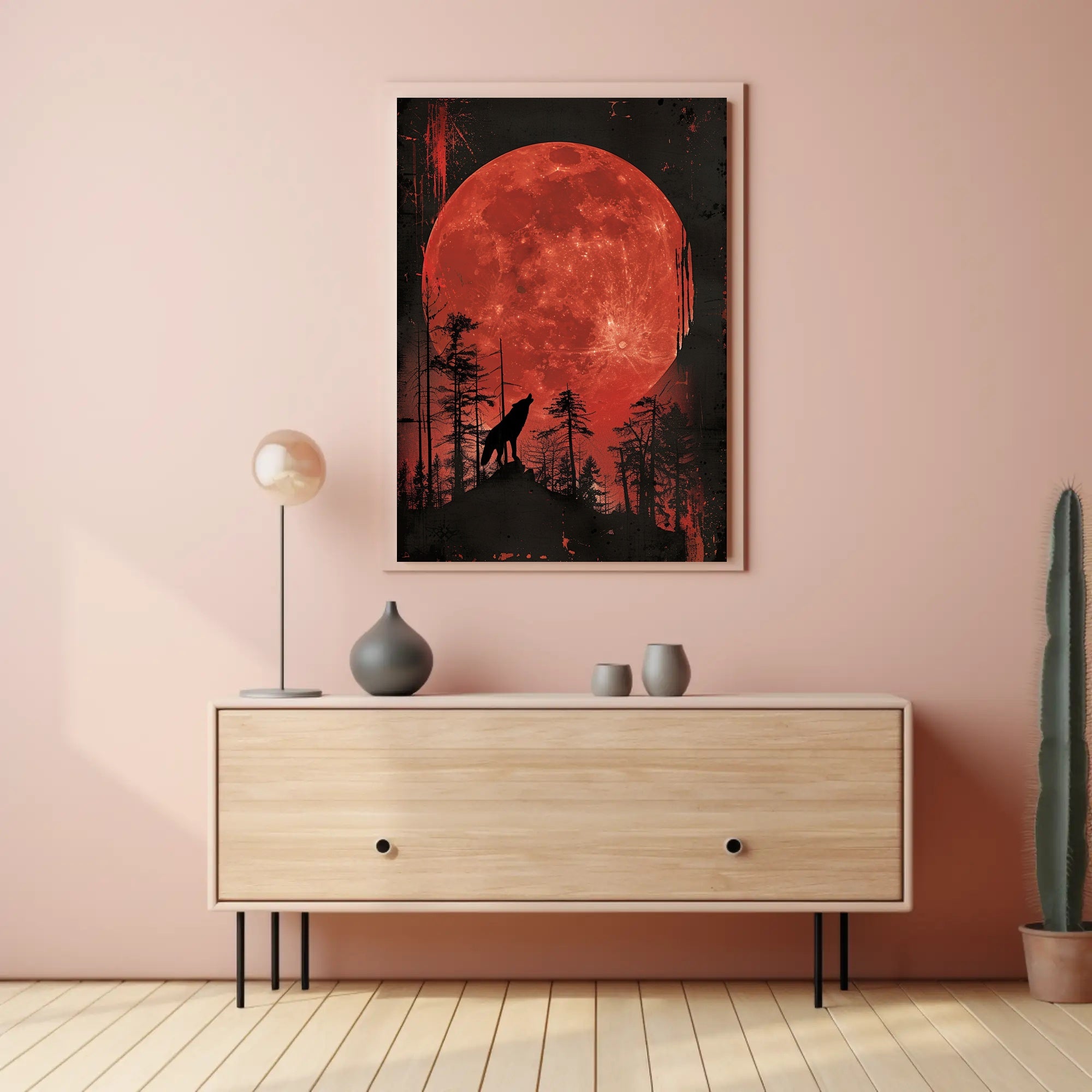 Wolf Howling Under Blood Moon Art Poster PosterGoat