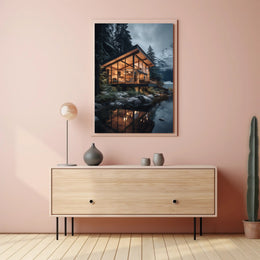 Modern Mountain Retreat in Snowy Forest Poster