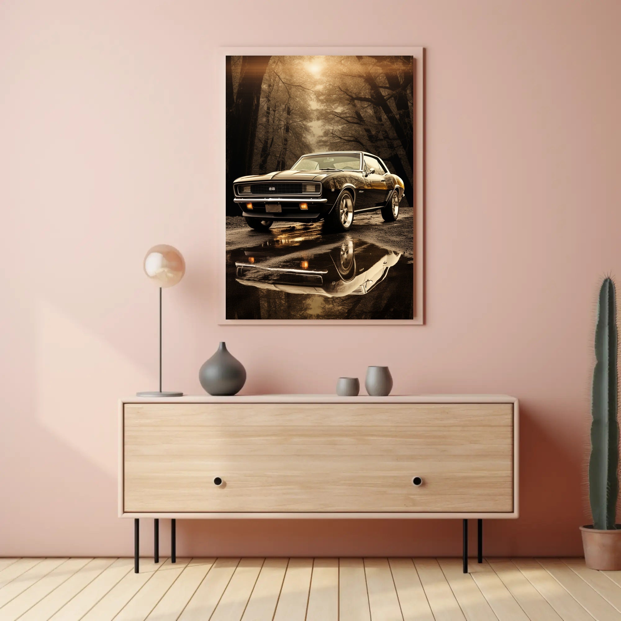 Classic Car in Autumn Reflection Poster PosterGoat