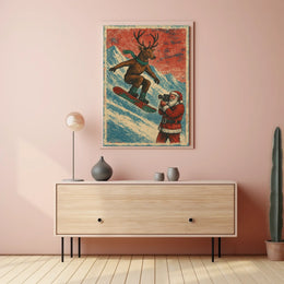 Whimsical Reindeer Snowboarding Vintage Christmas Poster