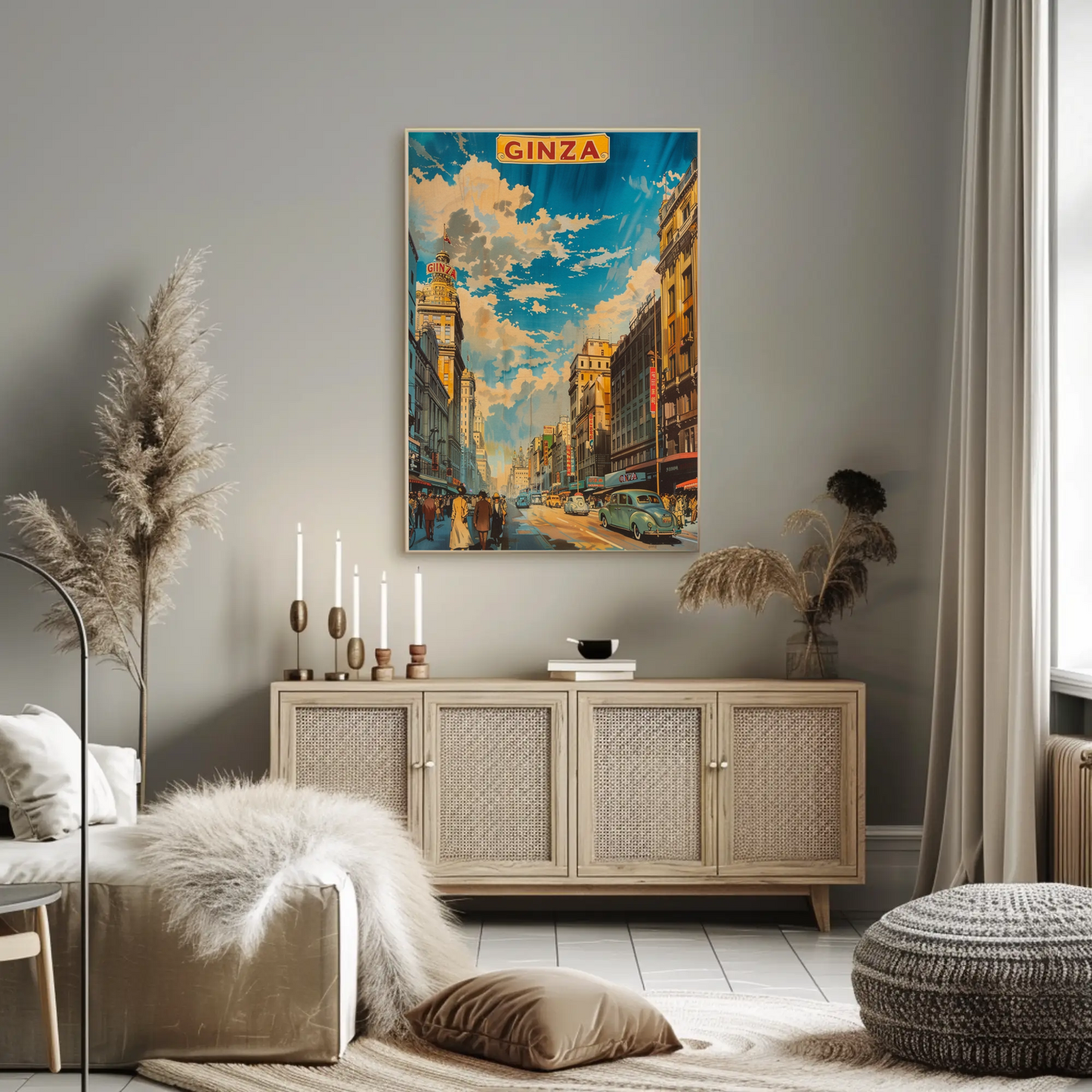 Ginza Tokyo Vintage Crowd Skyline Travel Poster
