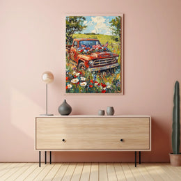 Vintage Red Pickup Truck Retro Car Decor Wall Art Poster