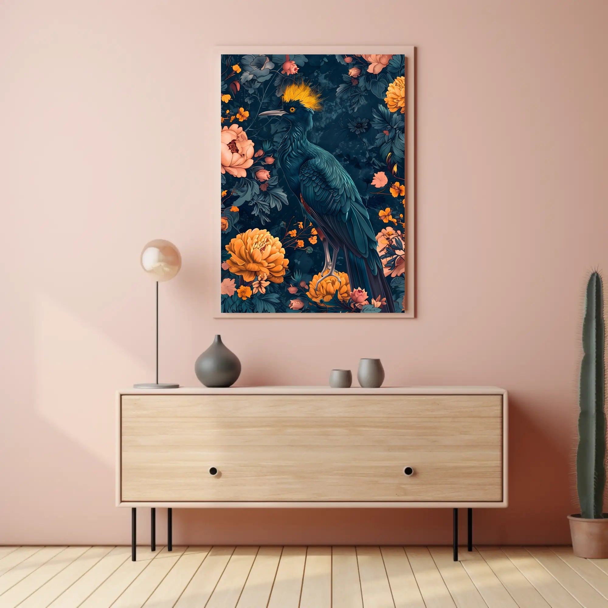 Vibrant Blue Bird with Floral Lush Animal Poster