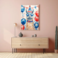 Playful watercolor of a llama wearing a stars and stripes hat and sunglasses standing in front of bunting and balloons in red white and blue Poster