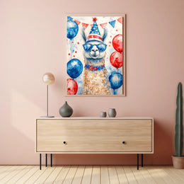 Playful watercolor of a llama wearing a stars and stripes hat and sunglasses standing in front of bunting and balloons in red white and blue Poster