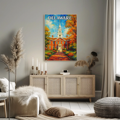 Delaware Brick Capitol Autumn Trees Travel Poster
