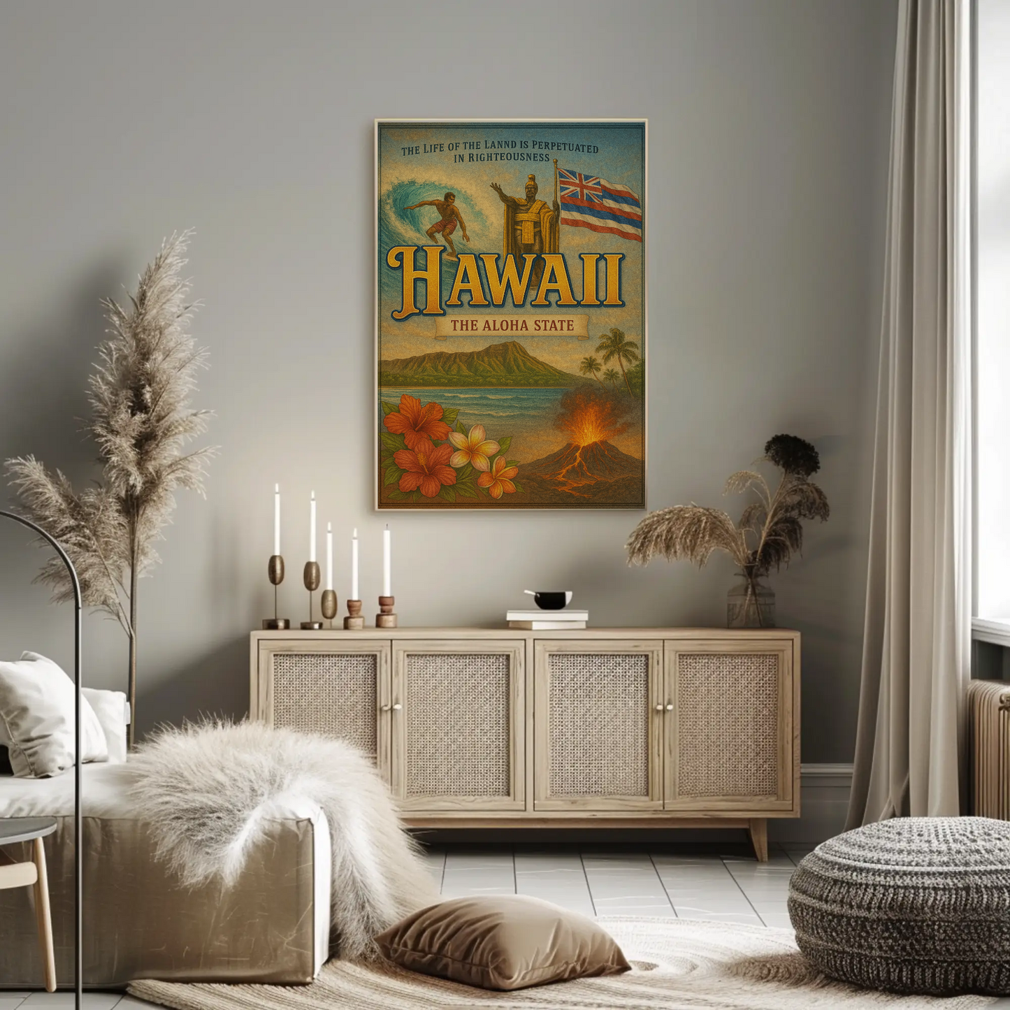 Hawaii Surf Volcano King Flag Flowers Travel Poster