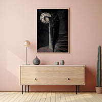 Shadowy Figure Meets Cracked Moon Fantasy or Mythology Poster PosterGoat