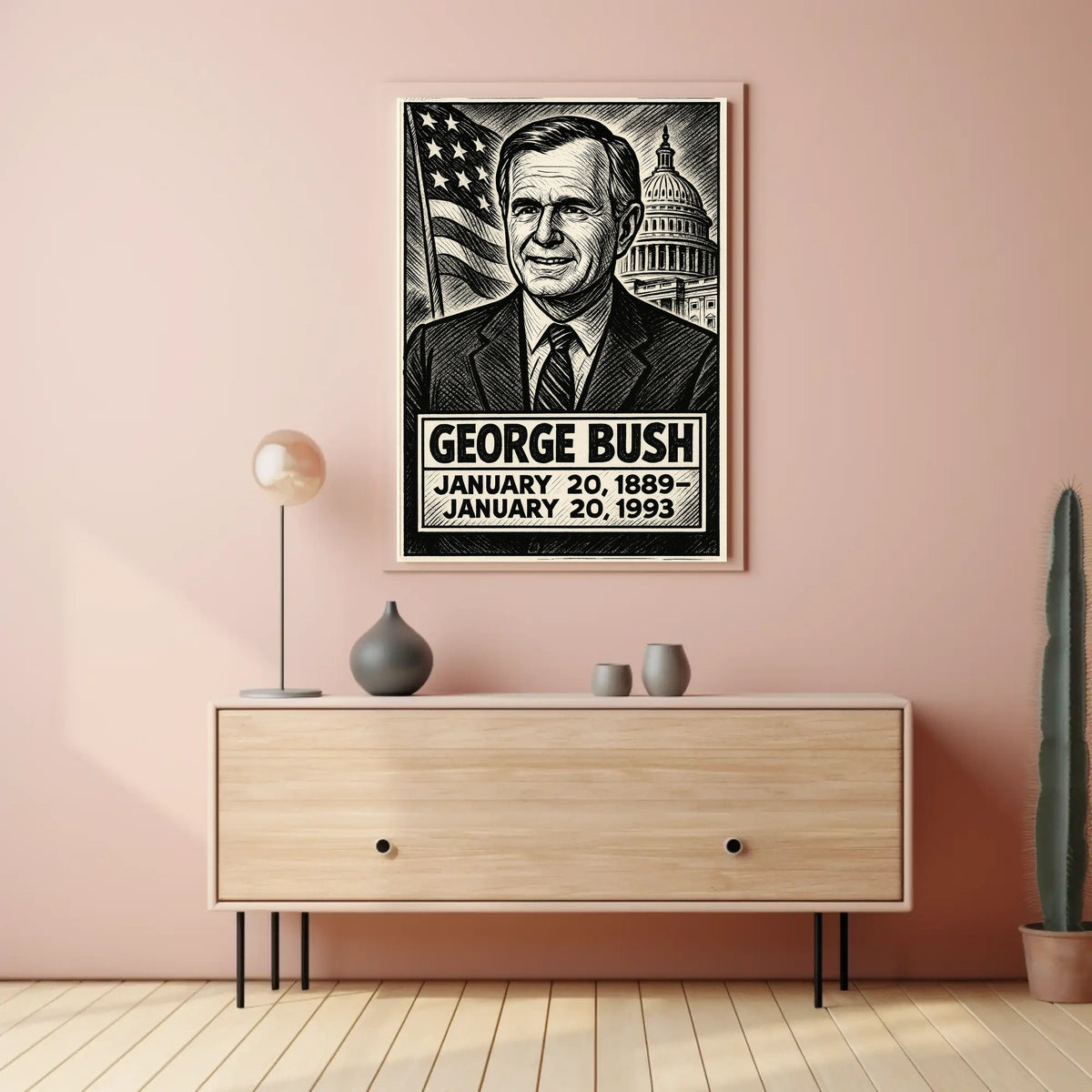 George H. W. Bush 41st President of the United States B & W Comic Sketch Poster