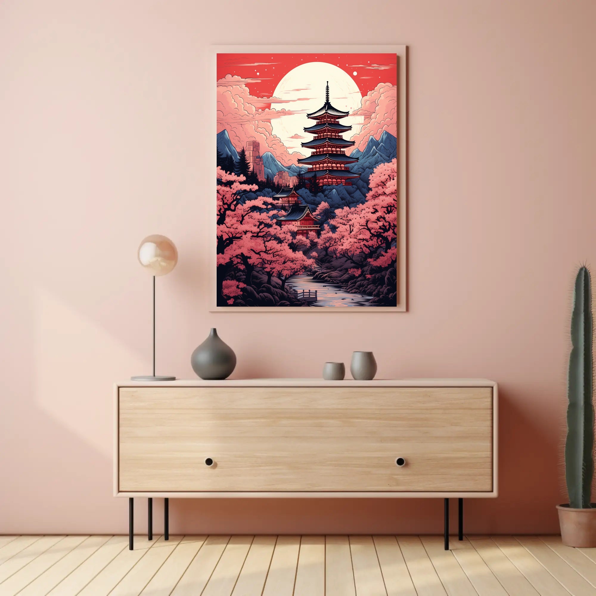 Tranquil Pagoda Under A Full Moon Poster