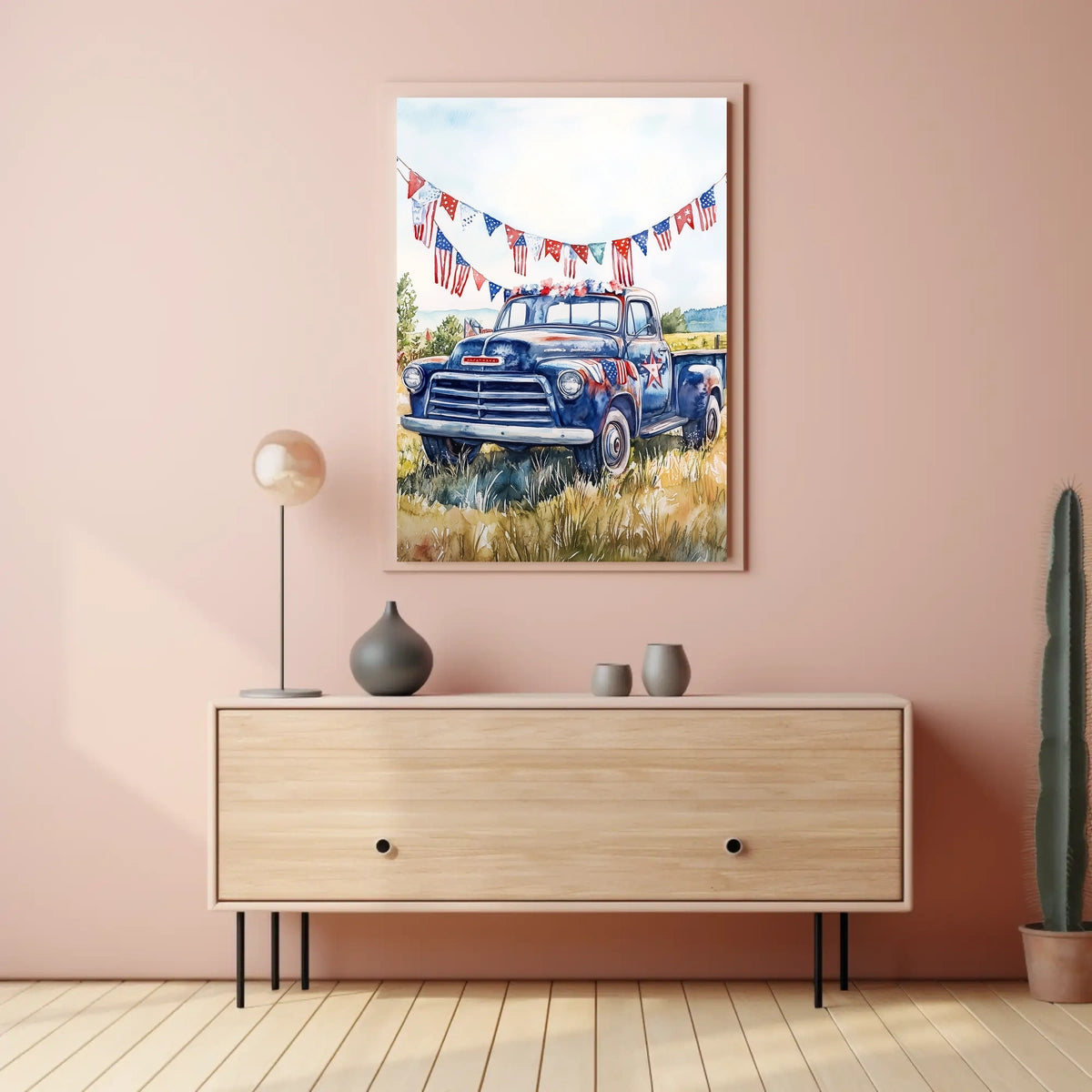 pickup truck parked in a sunny field Poster