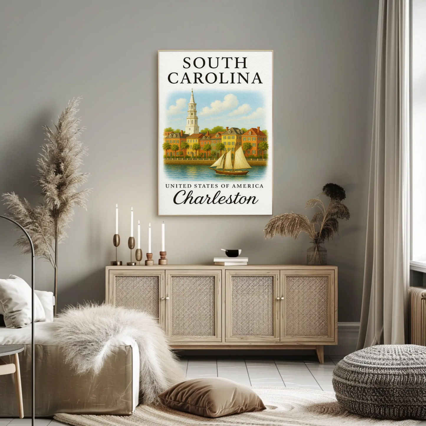 Charleston Waterfront With Sailboat Illustration Travel Poster