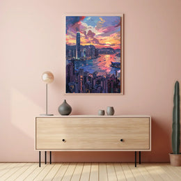 Hong Kong Sunset Cityscape Modern Art Poster