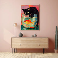 Curious Cat And Goldfish Poster Colorful Art Print
