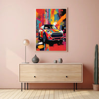 Vibrant Abstract Art Poster with Mini Cooper Illustration