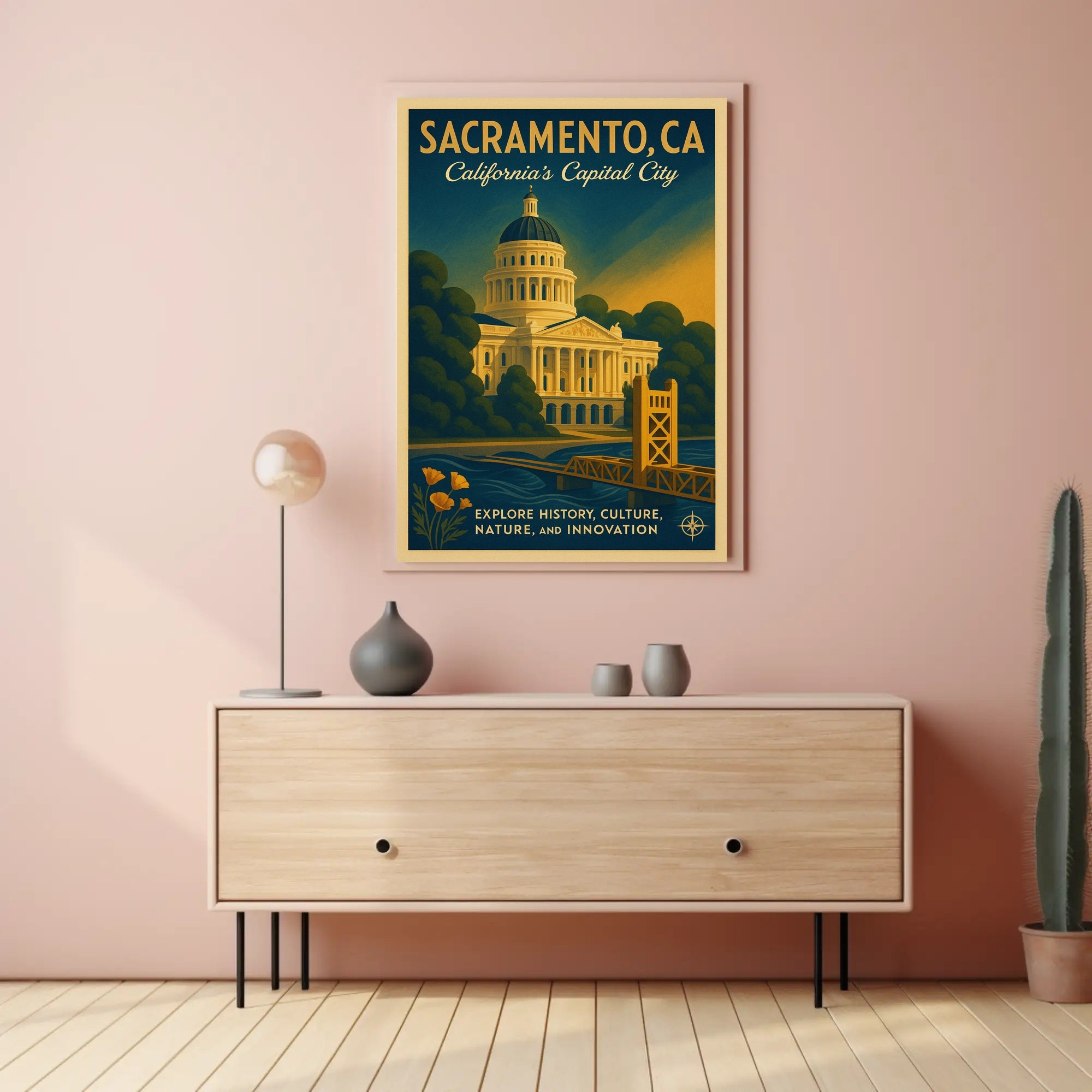 Sacramento Cityscape Vintage Travel Poster
