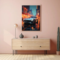 Sleek Urban Sports Car on Vibrant City Street Poster