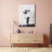 Monochrome Sketch Child Releasing Star Balloons Poster