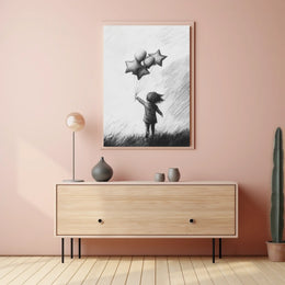 Monochrome Sketch Child Releasing Star Balloons Poster