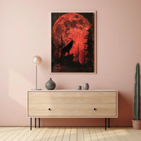 Wolf Howling Under Red Moon Fantasy Poster PosterGoat
