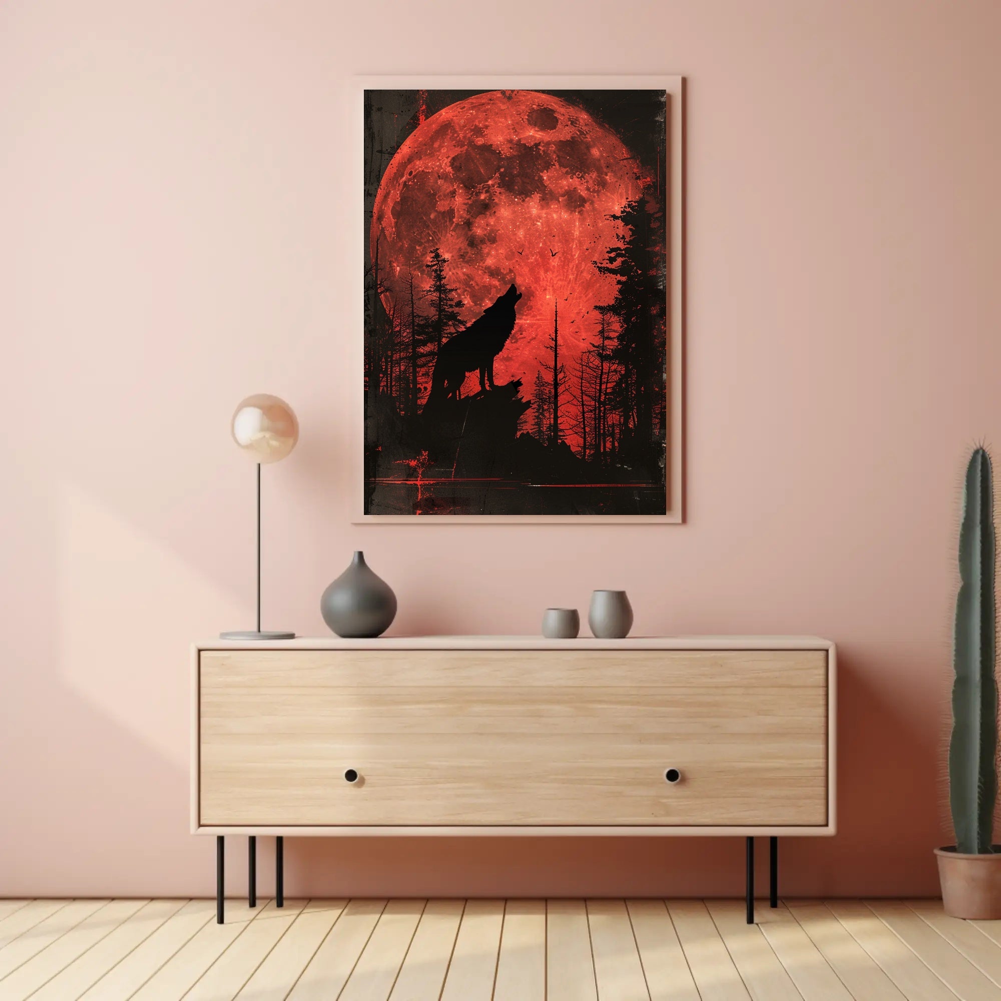 Wolf Howling Under Red Moon Fantasy Poster PosterGoat