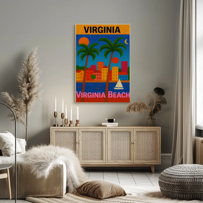 Virginia Beach Colorful Palms Cityscape Sunset Travel Poster