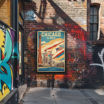 Chicago Illinois Skyline American Flag Cityscape Vintage Travel Poster