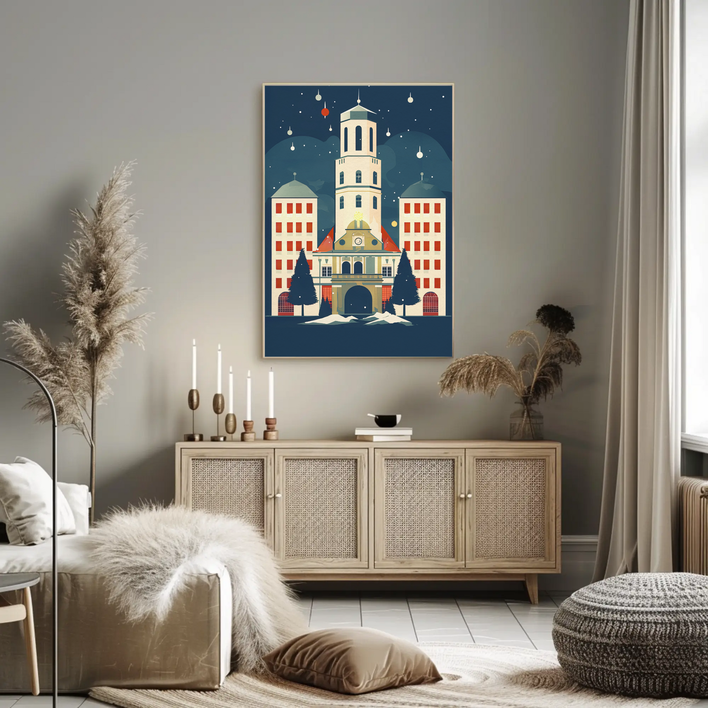 Winter Town Hall Scene With Stars Travel Poster