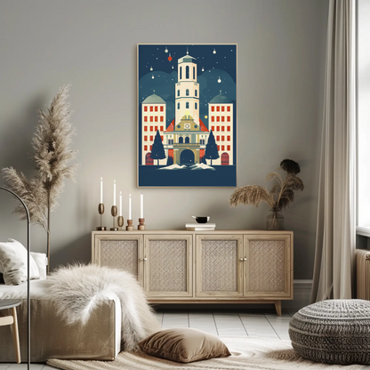 Winter Town Hall Scene With Stars Travel Poster
