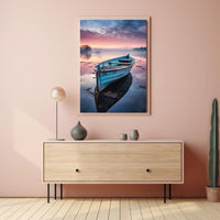 Solitary Wooden Boat on Serene Lake - Artistic Poster