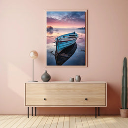 Solitary Wooden Boat on Serene Lake - Artistic Poster