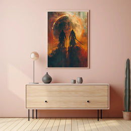 Epic Warriors Under Fiery Moon Fantasy or Mythology Poster PosterGoat