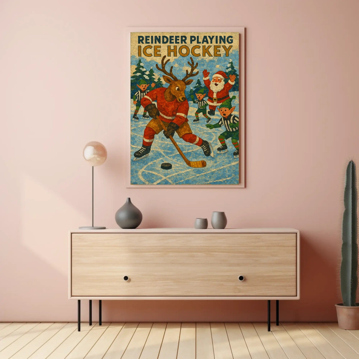 Whimsical Holiday Reindeer Playing Hockey Sports Poster