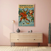 Whimsical Holiday Reindeer Playing Hockey Sports Poster