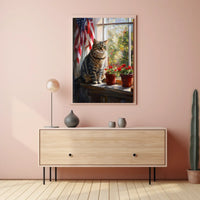 tabby cat sitting in a windowsill Poster