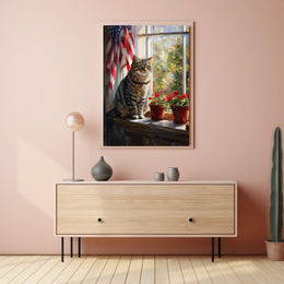 tabby cat sitting in a windowsill Poster