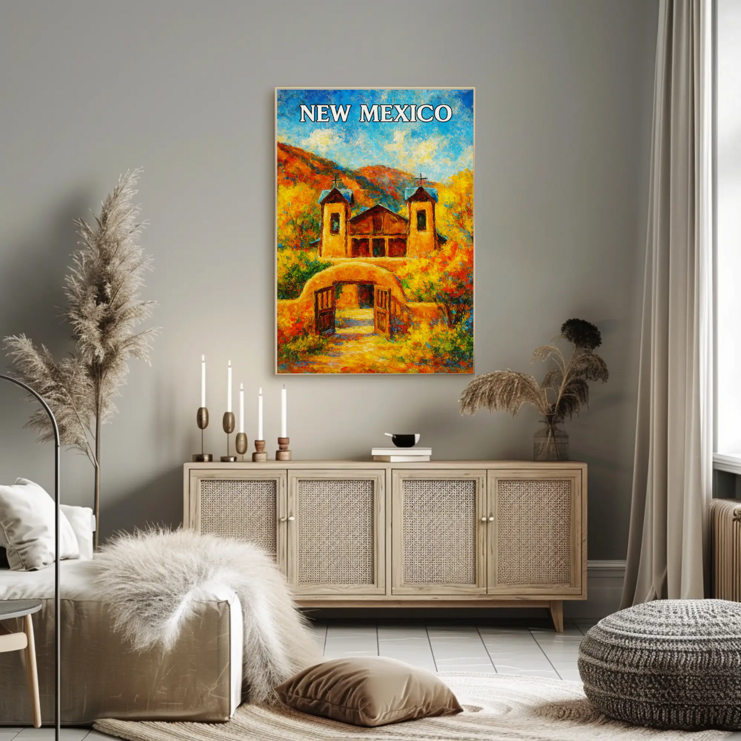 New Mexico Historic Adobe Church Autumn Colors Travel Poster