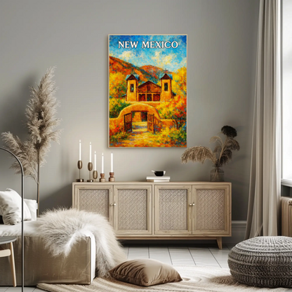 New Mexico Historic Adobe Church Autumn Colors Travel Poster