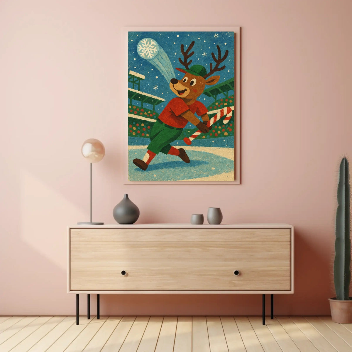 Whimsical Reindeer Baseball Holiday Poster Vintage Style
